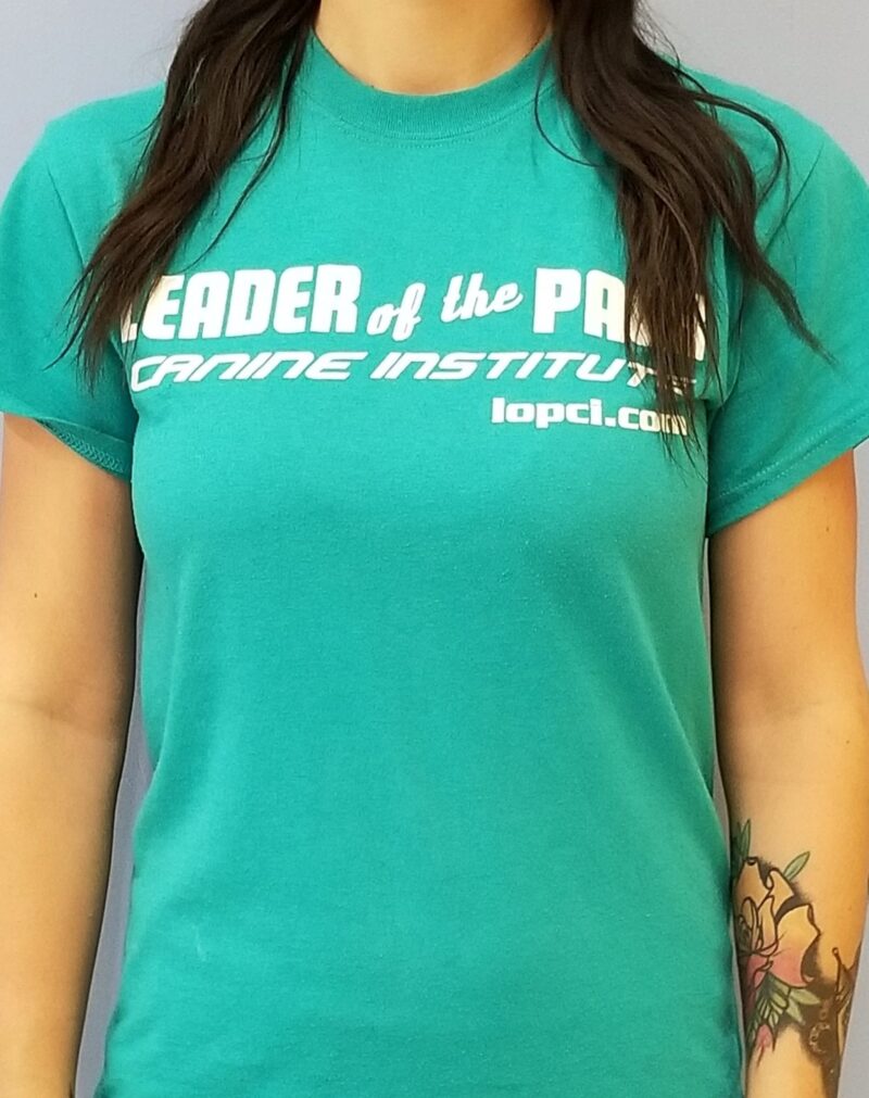 Leader of the Pack Canine Institute green short sleeve t-shirt, front view