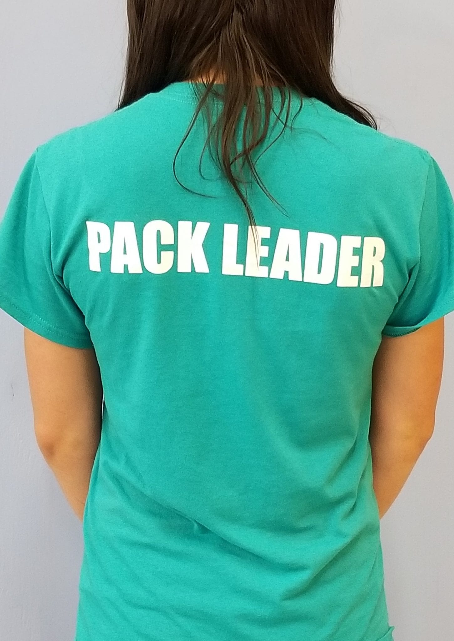 Leader of the Pack Canine Institute green short sleeve t-shirt, back view