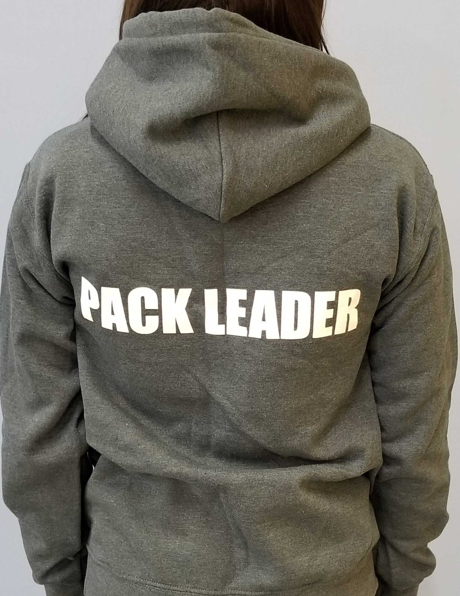 Leader of the Pack Canine Institute gray sweatshirt, back view