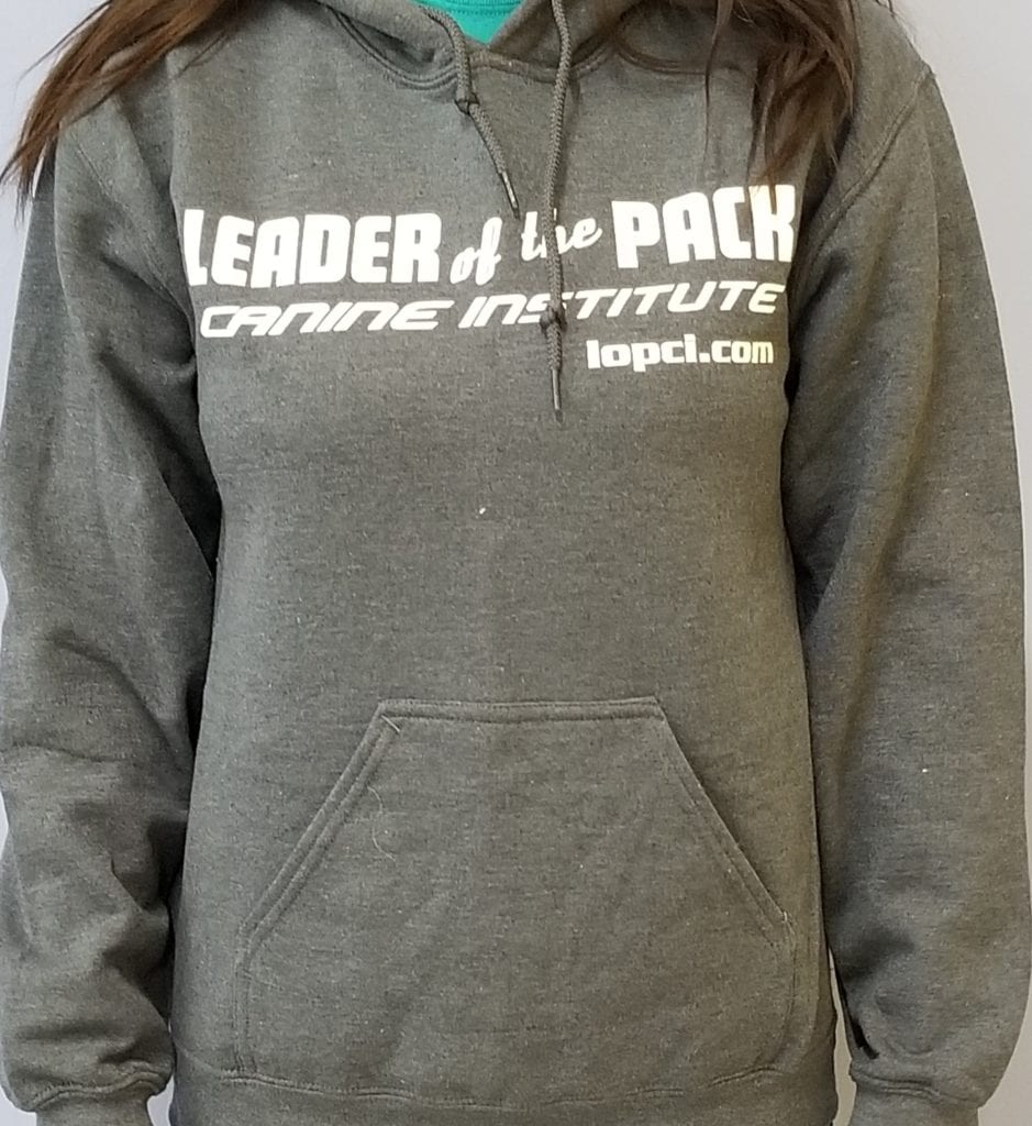 Leader of the Pack Canine Institute gray sweatshirt, front view